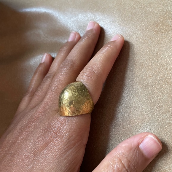 Vintage solid brass chunky dome hammered texture layer gold ring adjustable boho - Picture 5 of 8